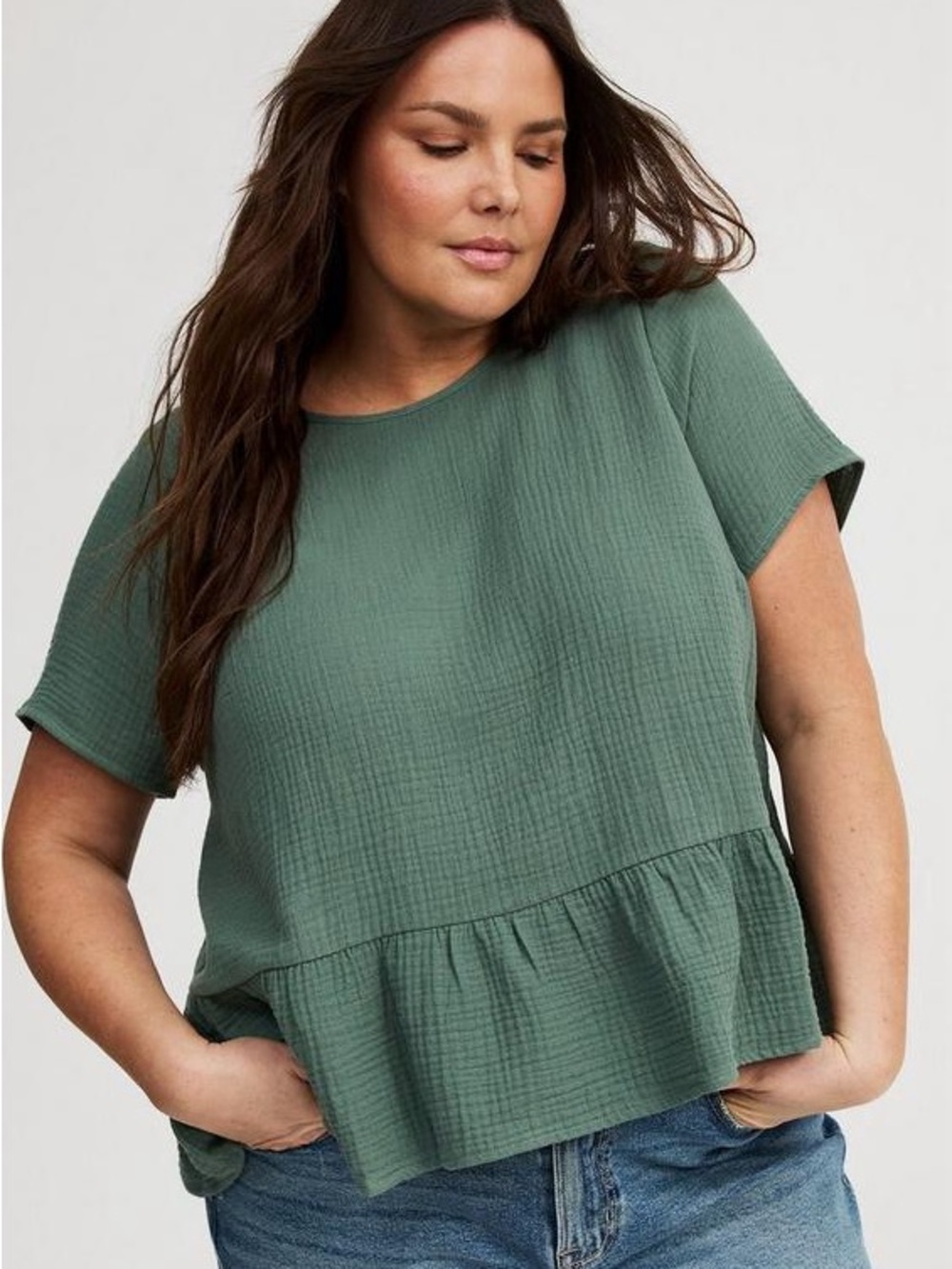 Torrid Sage Green Short Sleeve Gauze Tiered Top L